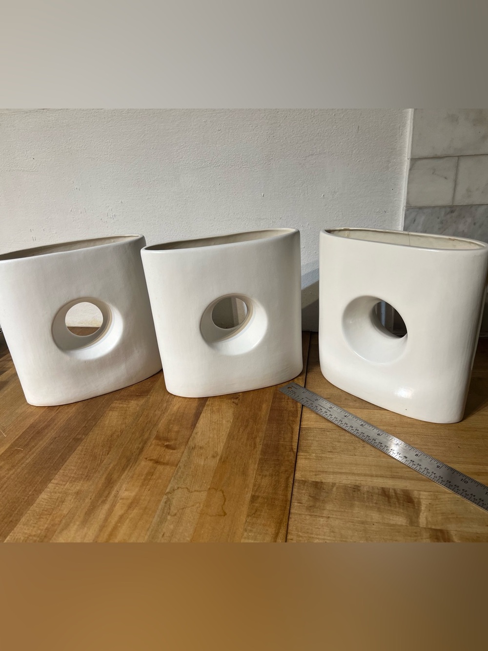 Minimalist White Ceramic Vase with Circular Cutout - Set of 3